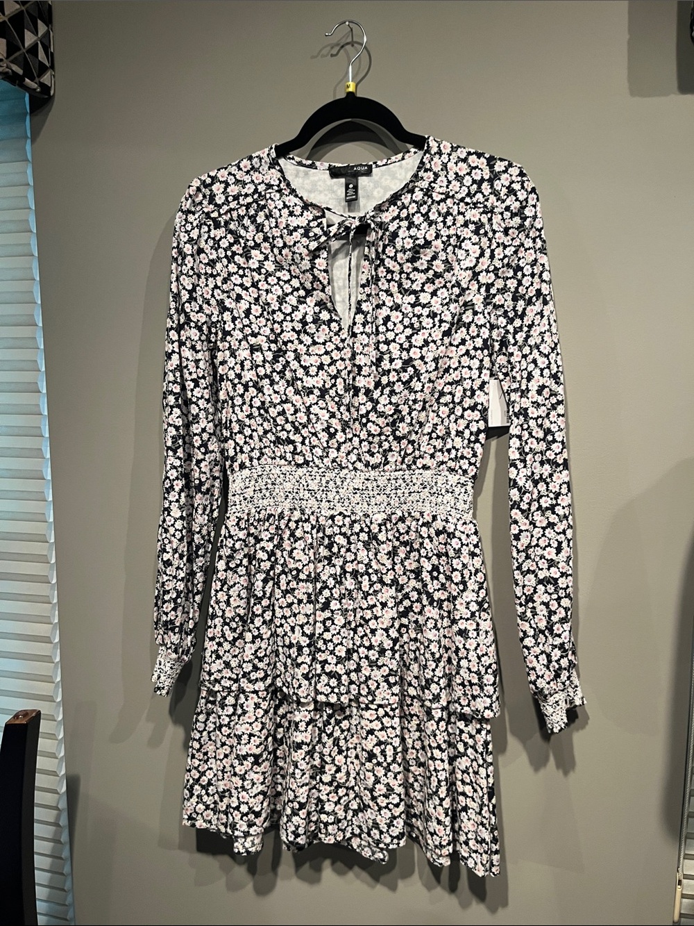 Aqua Black Floral Long Sleeve Smocked Waist Dress